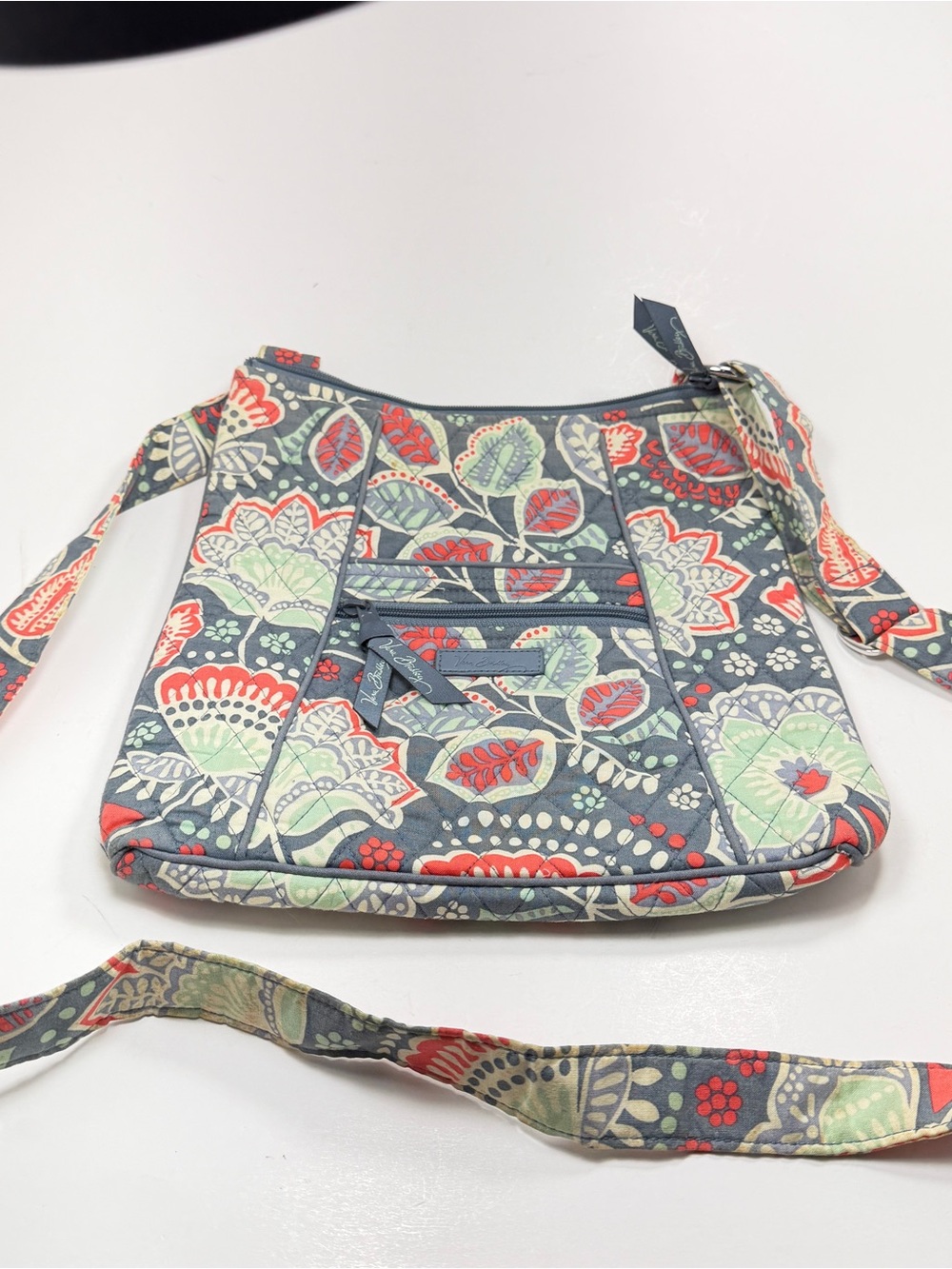 Vera Bradley Quilted Floral Crossbody Bag in Gray with Red & Mint